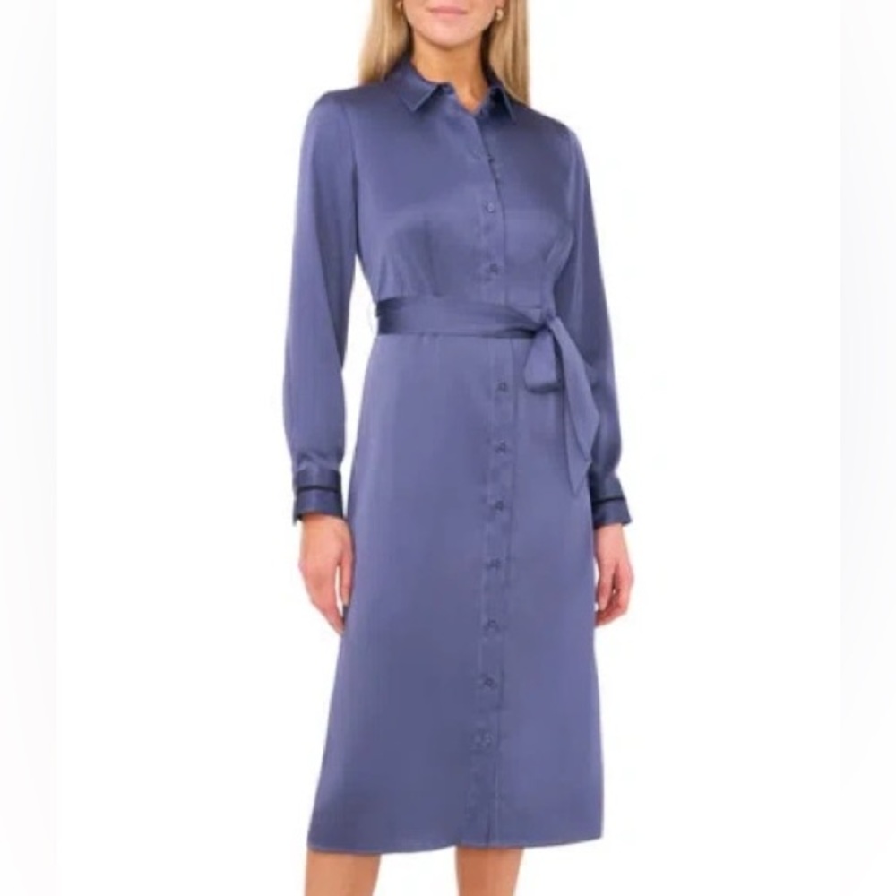 Halogen Long Sleeve Blue Dress with Tie Waist